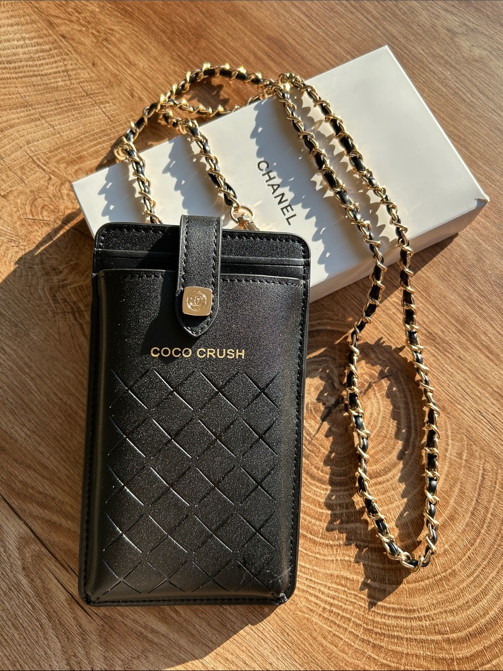 CHANEL Black Quilted Coco Crush Crossbody Phone Pouch with Gold Chain